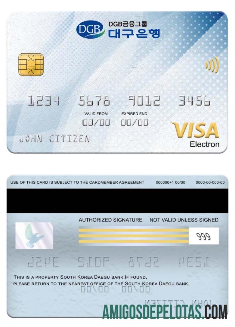 Cartão Visa Electron do Banco Daegu da Coreia do Sul exemplo